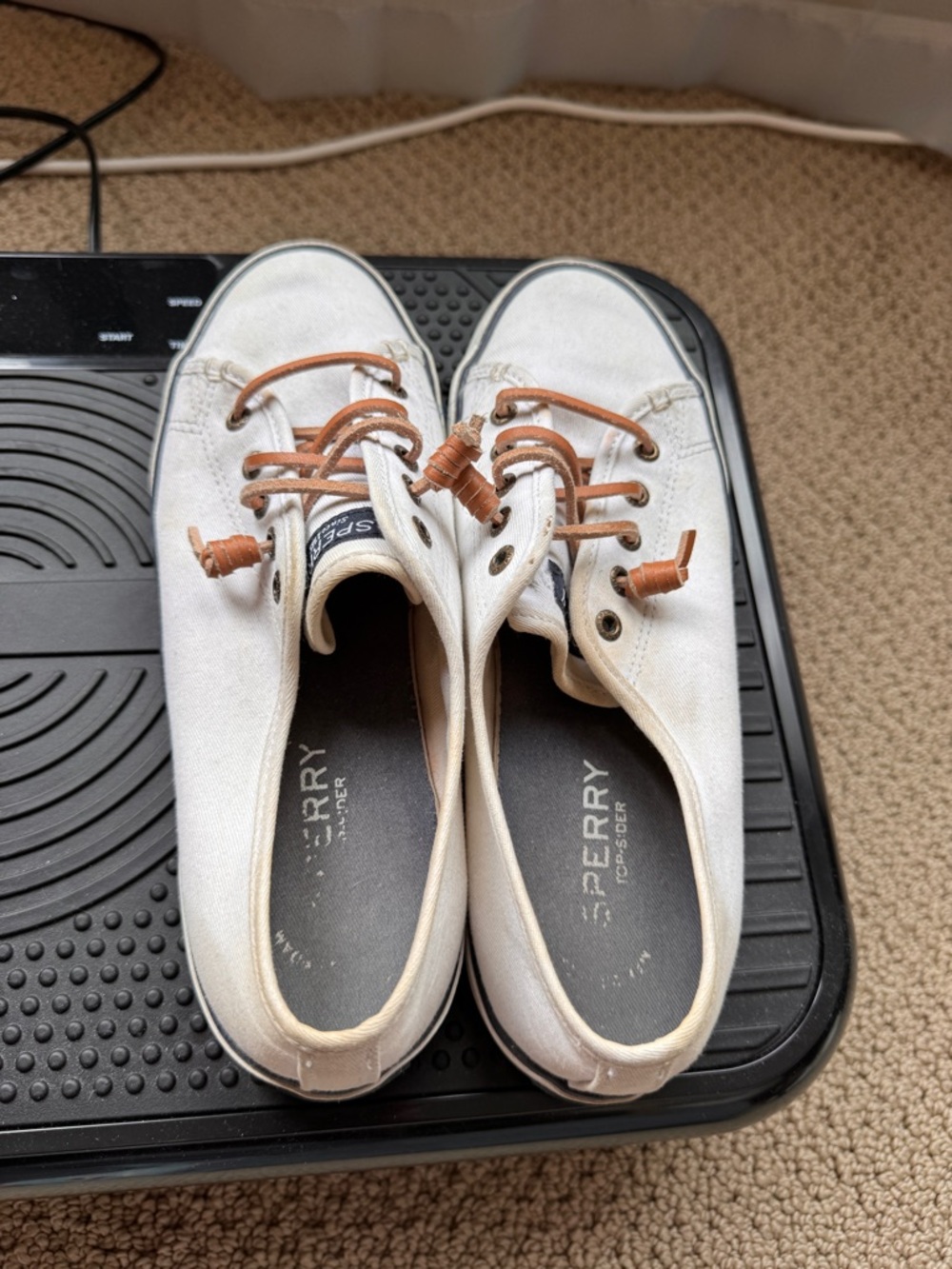 Sperry women's Off-White Canvas Boat Shoes with Brown Laces